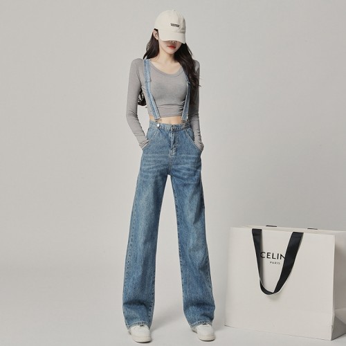 High Waist Straight Leg Removable Suspender Jeans